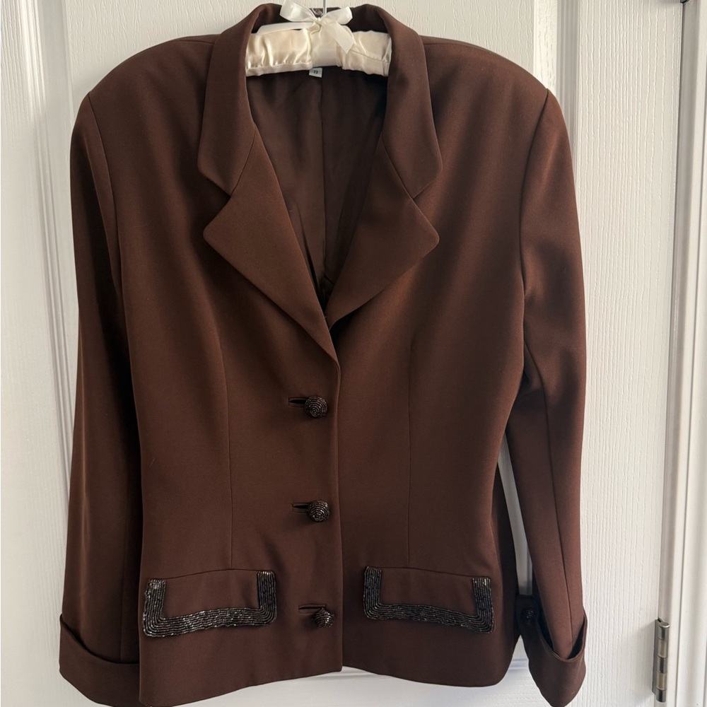 Vintage Pamela Dennis New York Evening Jacket Blazer Brown Silk Sequins Size 8